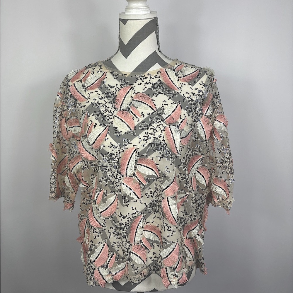 Zara Women's Pink Cream Fringe and Sequin Sheer Party Blouse Size M